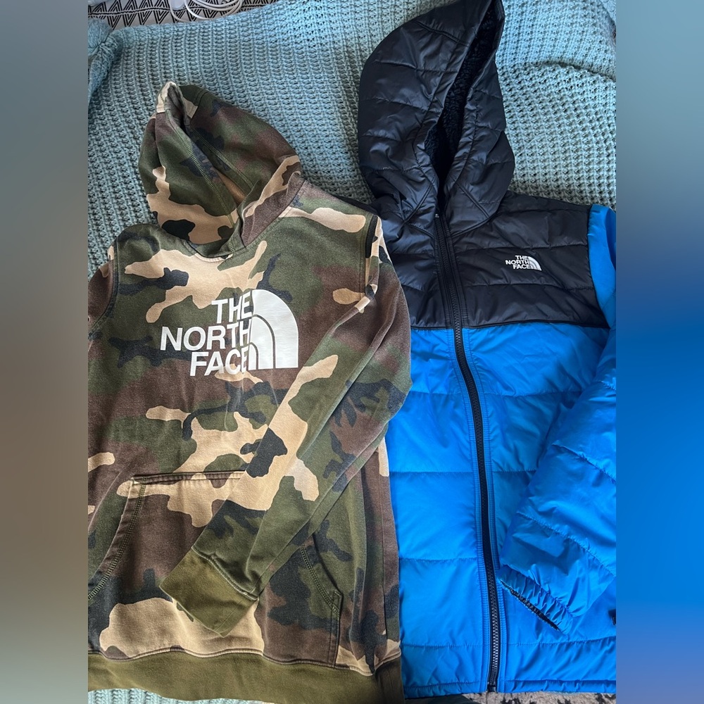 Bundle! The North Face Kids Camo Hoodie and Blue Puffer Jacket
